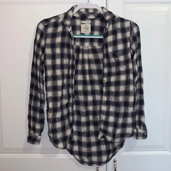 AE Boyfriend Fit Blue and White Plaid Flannel XS - Picture 1 of 4